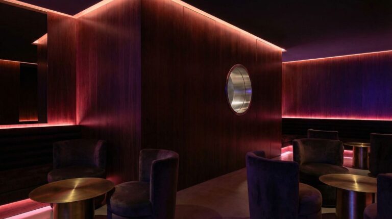 Salón en penumbra con paneles de madera oscura, luz rosada indirecta, sillones de terciopelo y mesas redondas doradas