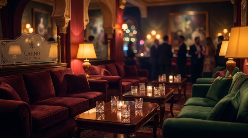 Salón elegante con sofás de terciopelo burdeos y verdes, mesas de madera con vasos y velas, y gente conversando al fondo