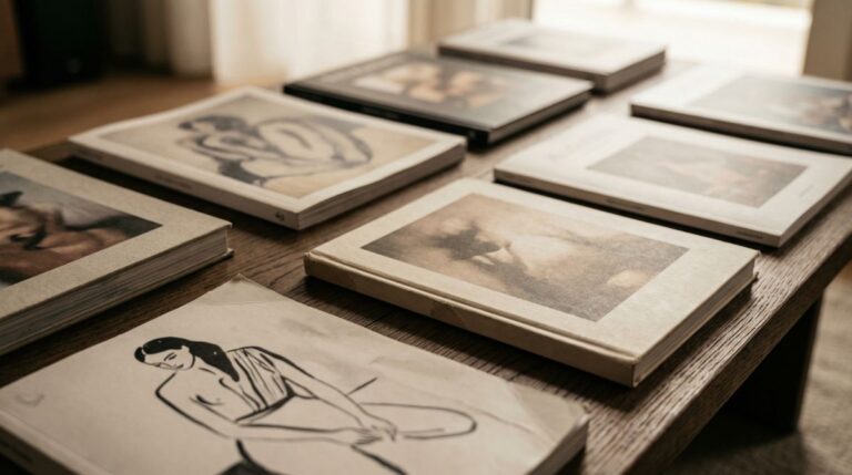 Revistas de tapa blanda con ilustraciones en tonos sepia dispuestas sobre una mesa de madera oscura junto a una ventana