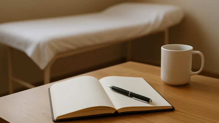 Libreta abierta con bolígrafo negro sobre mesa de madera, taza blanca y camilla con sábana blanca desenfocada al fondo