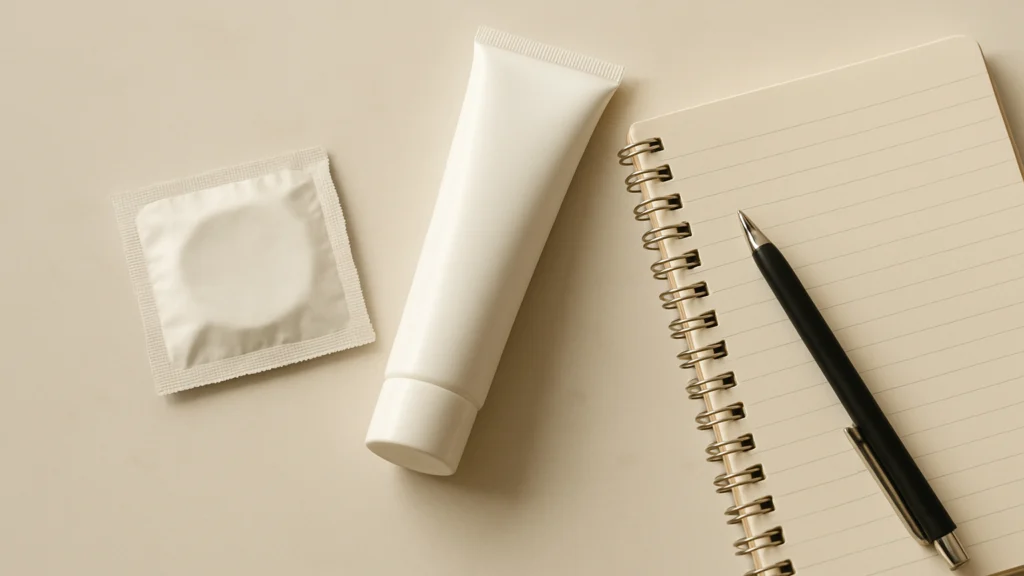 Preservativo en sobre plateado, tubo blanco de crema y libreta de espiral con bolígrafo negro sobre fondo beige
