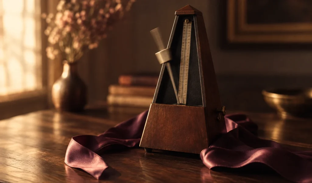 Metrónomo de madera con péndulo dorado sobre mesa pulida, cinta de satén burdeos, libros y jarrón con flores secas al fondo