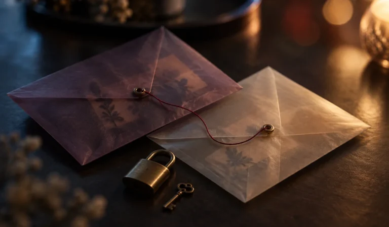 Sobres translúcidos violeta y blanco con hilo rojo, junto a candado y llave dorados