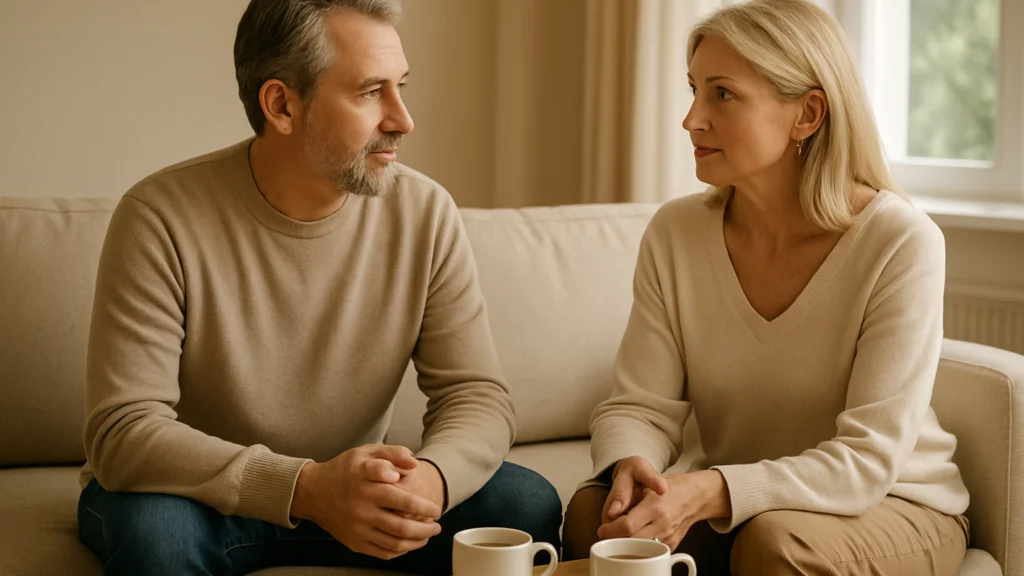 Hombre con barba canosa y mujer rubia, con jerséis beige, se miran serios sentados en un sofá junto a dos tazas