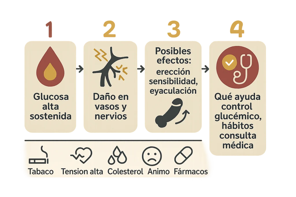 Esquema en cuatro pasos: glucosa alta, daño en vasos y nervios, efectos y ayudas
