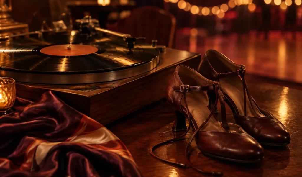 Tocadiscos de madera con un vinilo de etiqueta naranja junto a zapatos de baile marrones y una tela de terciopelo