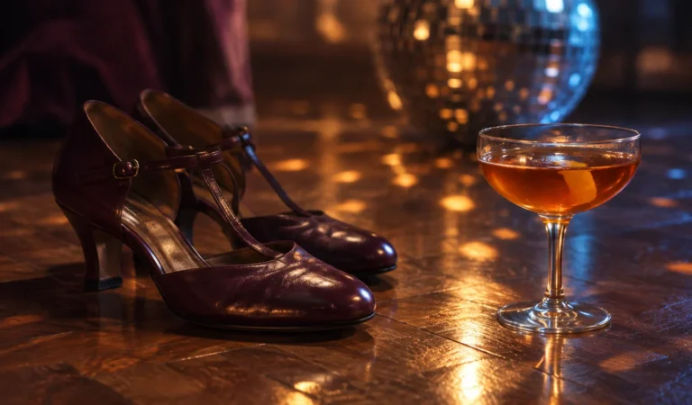 Zapatos de baile granates con correa y una copa de cóctel sobre parquet brillante