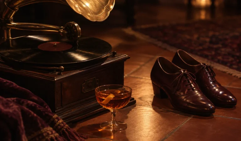 Gramófono antiguo de madera con disco de vinilo, copa de cóctel con piel de naranja y zapatos de cuero burdeos