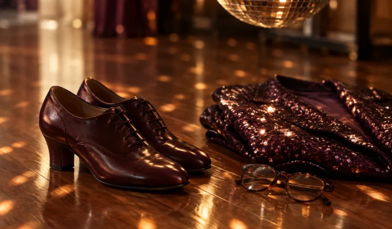 Zapatos granates de tacón bajo y cordones junto a chaqueta de lentejuelas y gafas sobre parqué brillante