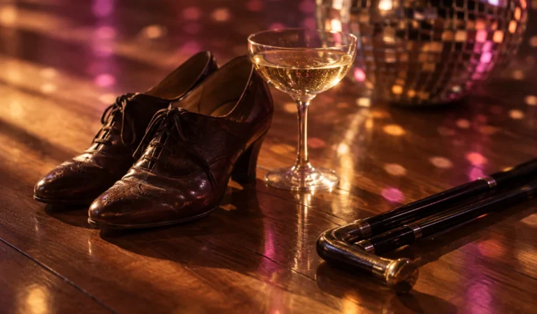 Zapatos de cordones de cuero burdeos, copa de vino blanco y bastón negro sobre parqué con luces rosadas