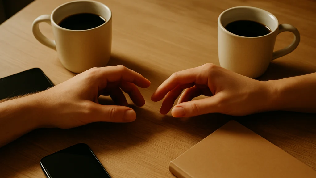 Dos manos se acercan sobre una mesa de madera clara entre dos tazas de café negro, móviles y una libreta
