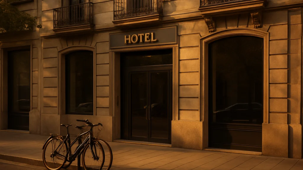 Fachada de piedra con letrero dorado HOTEL, puerta oscura y bicicleta aparcada delante
