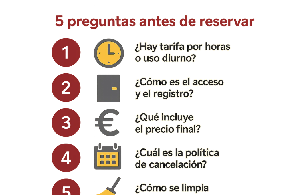 Lista numerada de cinco preguntas con iconos: tarifa por horas, acceso y registro, precio final, cancelación y limpieza