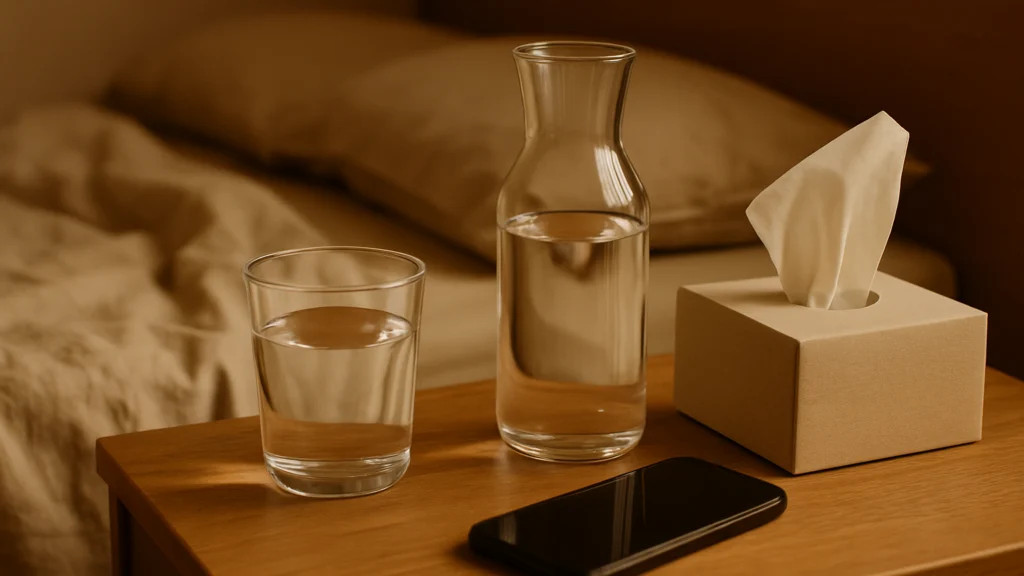 Mesilla de madera con vaso y garrafa de agua, caja de pañuelos de cartón y móvil, junto a cama deshecha
