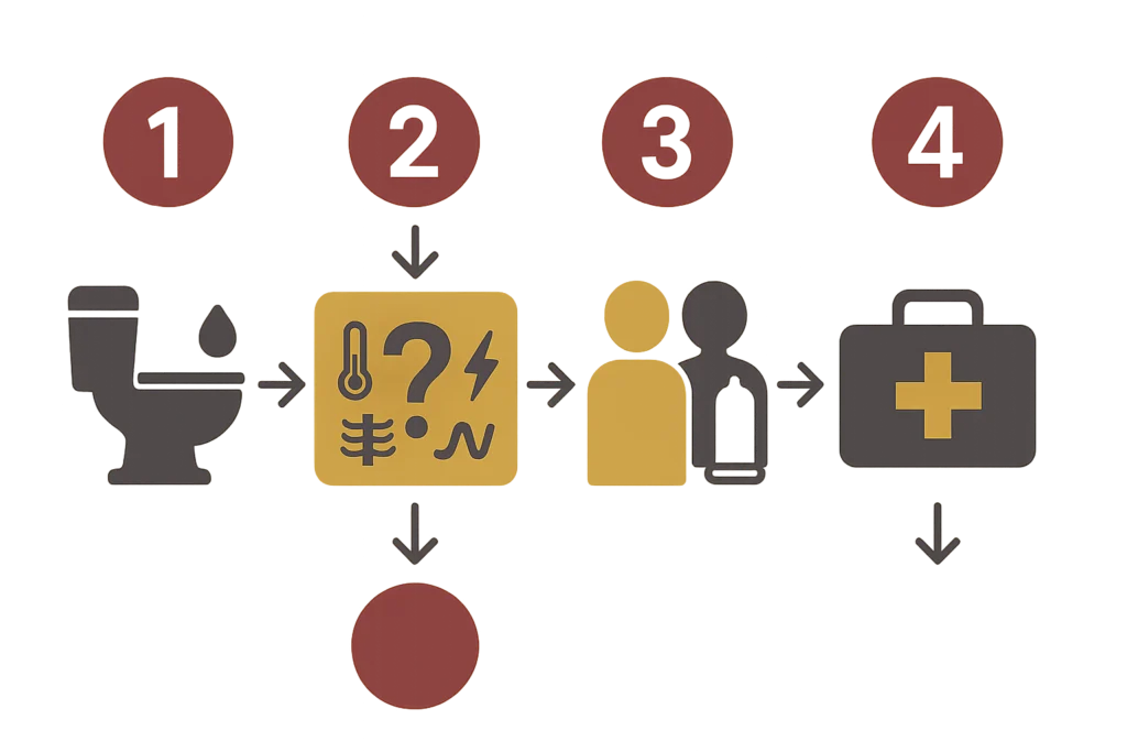 Esquema numerado en cuatro pasos: inodoro, síntomas, dos figuras con preservativo y botiquín