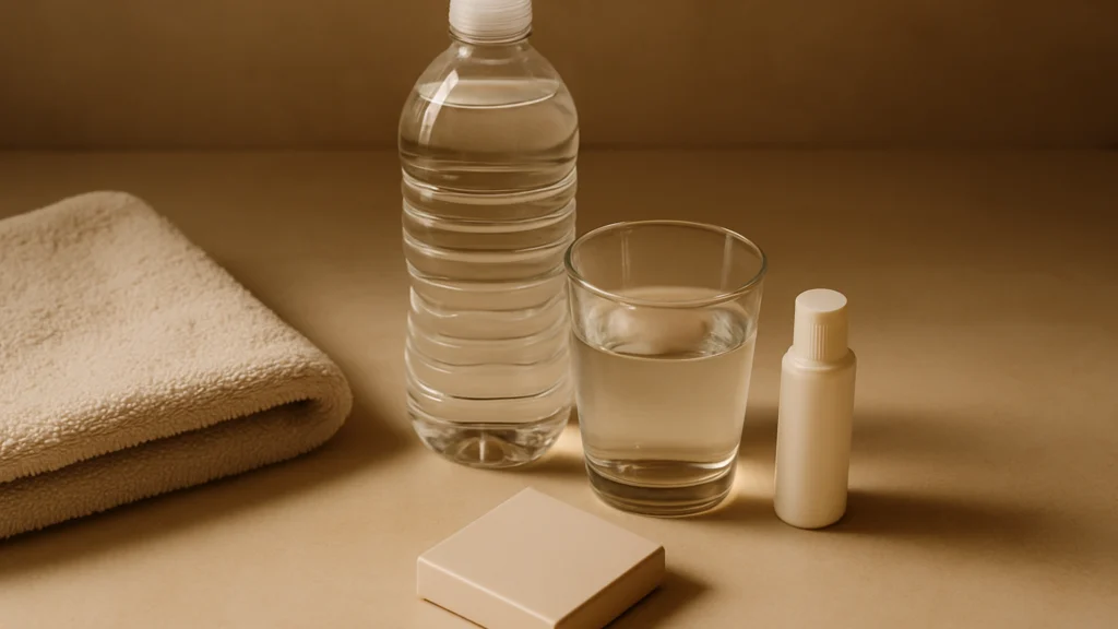 Botella de agua, vaso lleno, frasco blanco, caja beige y toalla doblada