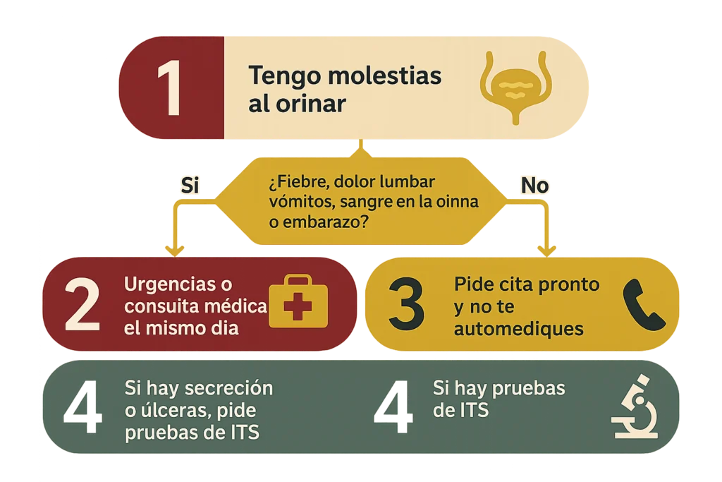 Diagrama de flujo: fiebre o sangre en la orina, urgencias; si no, cita pronta