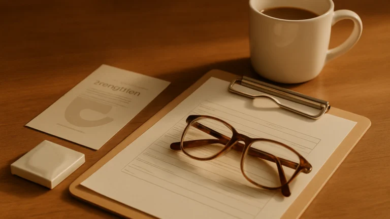 Gafas de pasta marrón sobre una hoja en un portapapeles, junto a una taza de café y una tarjeta beige