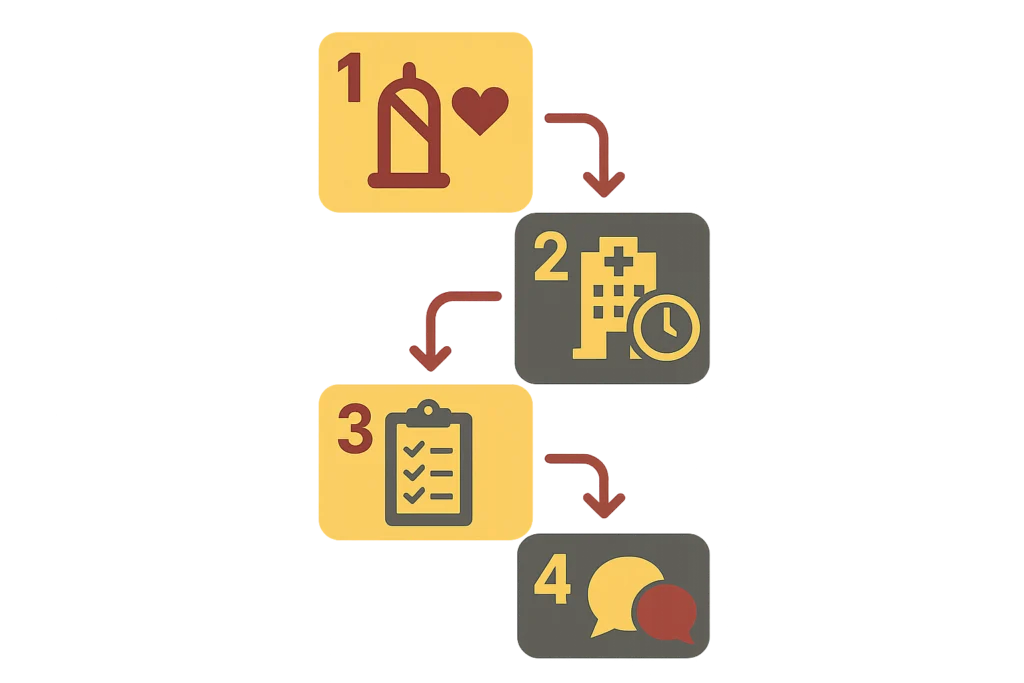 Esquema de cuatro pasos con iconos: preservativo con corazón, hospital con reloj, lista de comprobación y burbujas de diálogo