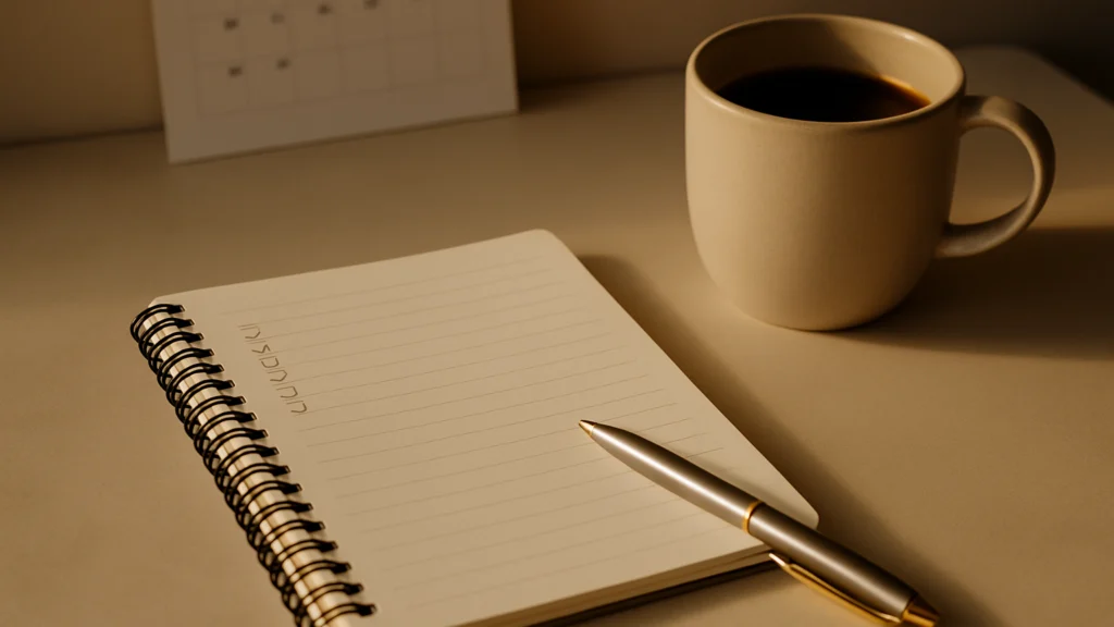 Cuaderno de espiral con hojas rayadas, bolígrafo plateado y dorado, y taza beige con café sobre una mesa con luz cálida