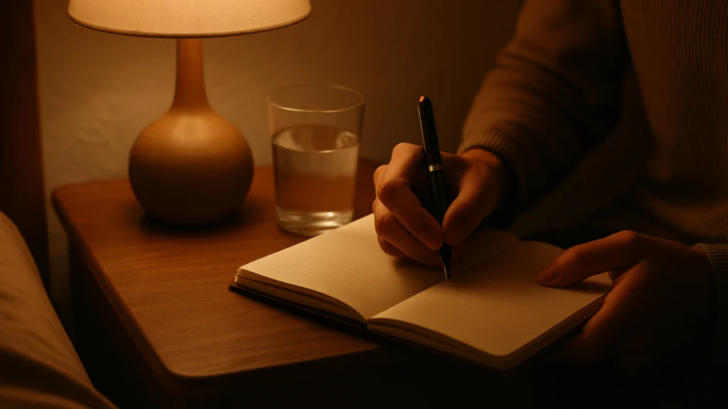 Persona escribe en un cuaderno sobre mesilla de madera con lámpara cálida y vaso