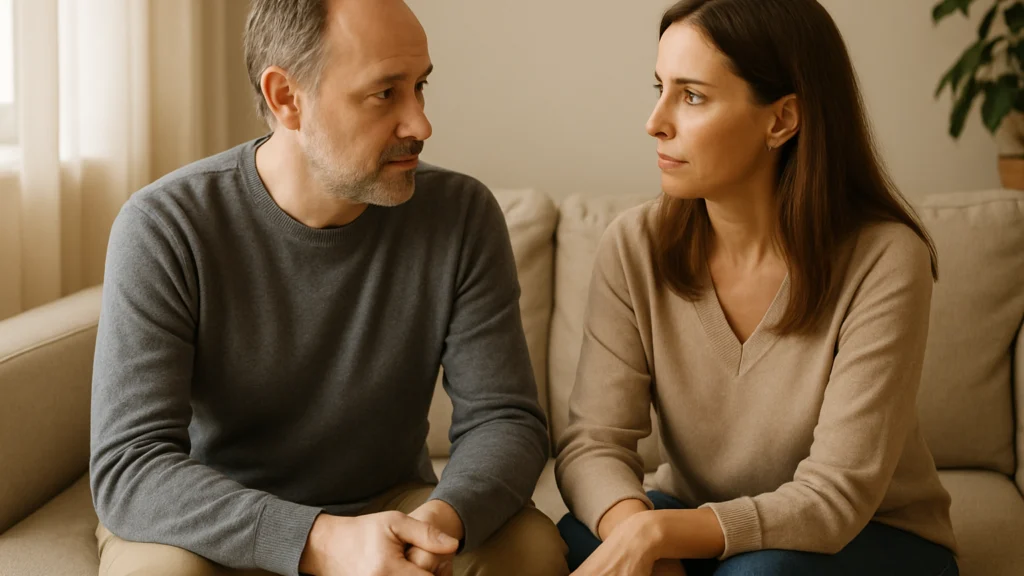 Hombre con jersey gris y mujer con jersey beige, sentados en un sofá claro, se miran con gesto serio