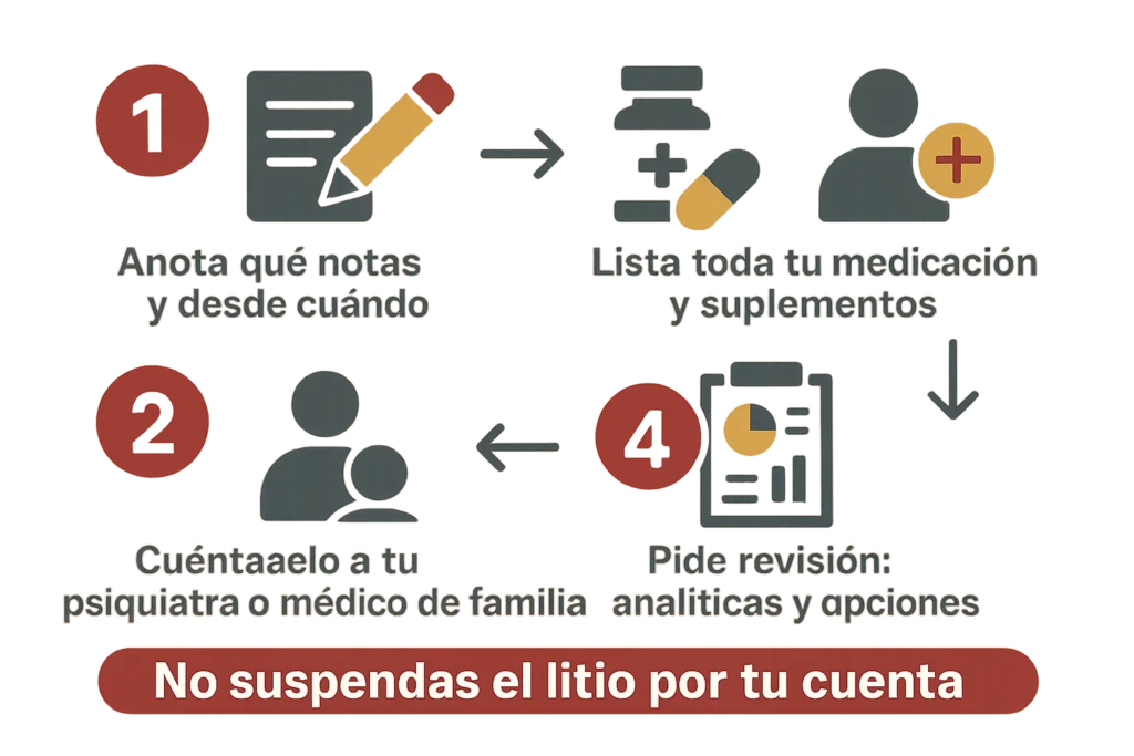 Cuatro pasos ilustrados: anotar síntomas, listar medicación, avisar al médico y pedir analíticas