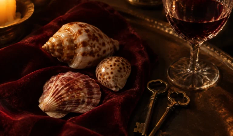 Tres conchas moteadas sobre terciopelo burdeos junto a dos llaves antiguas y una copa de vino tinto tallada