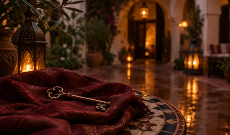 Llave antigua de latón sobre tela burdeos en mesa de mosaico, con farolillos encendidos en un patio con arcos