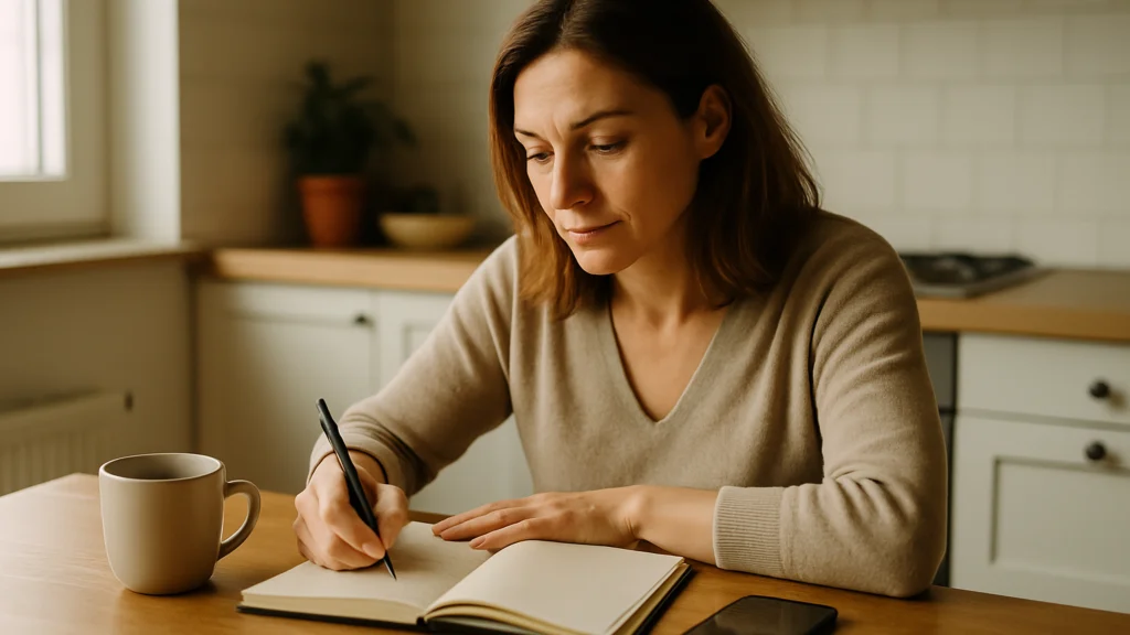 Mujer pensativa con jersey beige escribe en un cuaderno sobre una mesa de madera