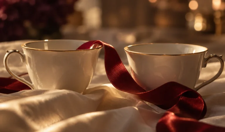 Dos tazas blancas de borde dorado sobre tela crema, unidas por una cinta roja