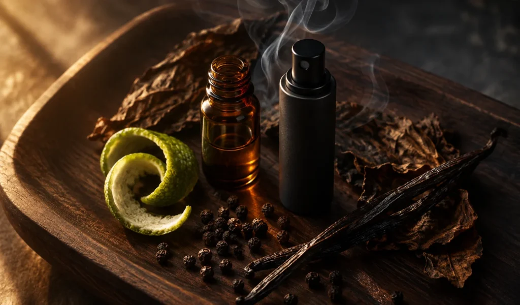 Bandeja de madera oscura con frasco ámbar, spray negro, piel de lima, vainilla, pimienta y hojas secas