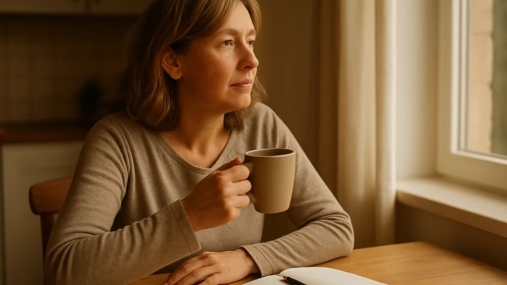 Mujer de pelo castaño con jersey beige sostiene una taza y mira por la ventana junto a un cuaderno abierto