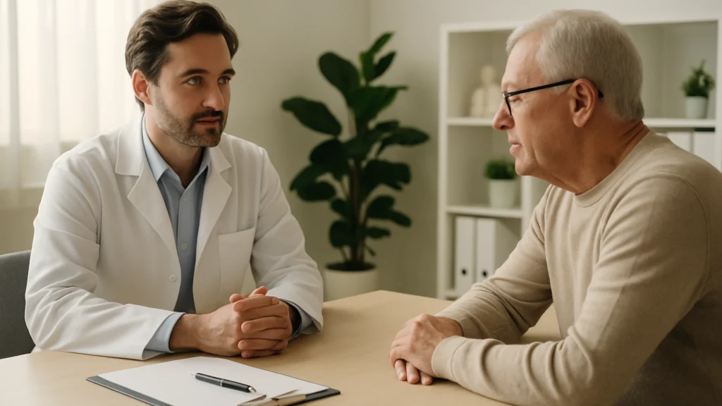 Médico de bata blanca y hombre mayor con gafas y jersey beige conversan en una mesa de madera clara