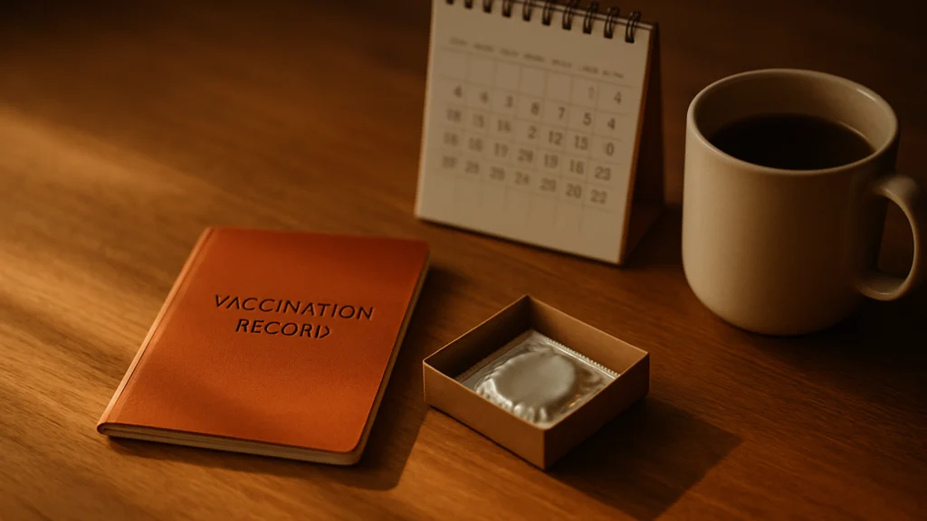 Cartilla naranja de vacunación, calendario, taza de café y envoltorio plateado sobre madera