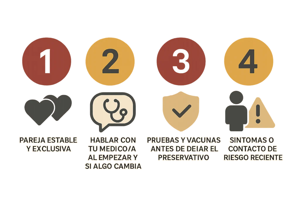 Cuatro círculos numerados con iconos: pareja estable, consulta médica, pruebas y vacunas