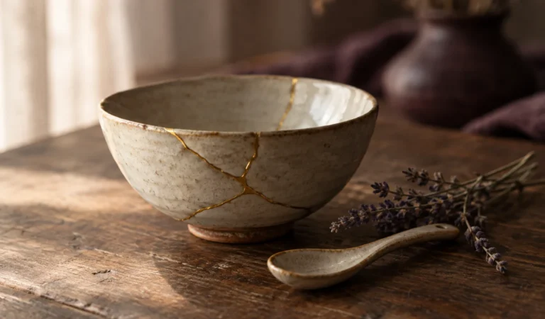 Cuenco de cerámica beige con grietas reparadas con vetas doradas, junto a una cuchara y lavanda seca sobre madera