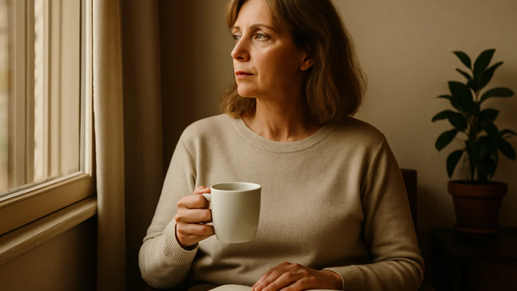 Mujer de pelo castaño y jersey beige sostiene una taza blanca y mira por la ventana con gesto serio