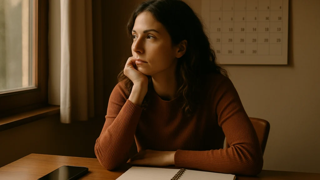 Mujer de jersey teja mira pensativa por la ventana desde una mesa con cuaderno