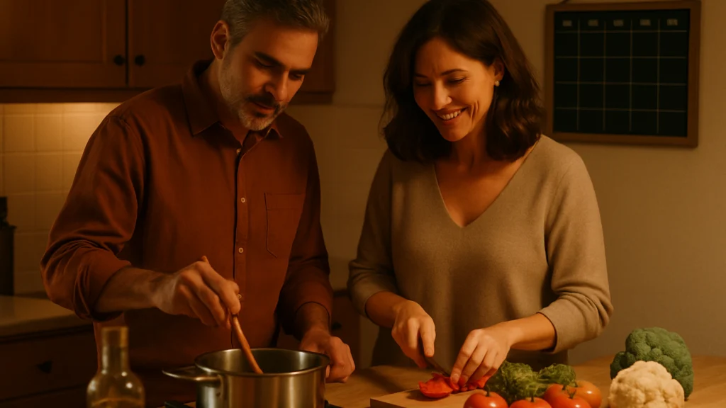Hombre de camisa granate remueve una olla mientras una mujer sonriente corta tomate junto a verduras, en una cocina cálida
