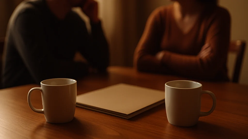 Tazas blancas y carpeta beige sobre mesa de madera; al fondo, dos personas desenfocadas